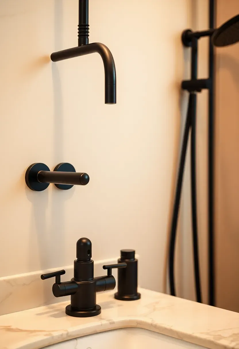 Matte black bathroom faucet and hardware with brushed brass accent towel bar creating high-contrast sophistication in a modern luxury bathroom