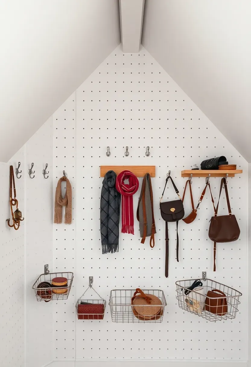 attic wall covered in white pegboard with hooks, small shelves, and baskets holding accessories and small items