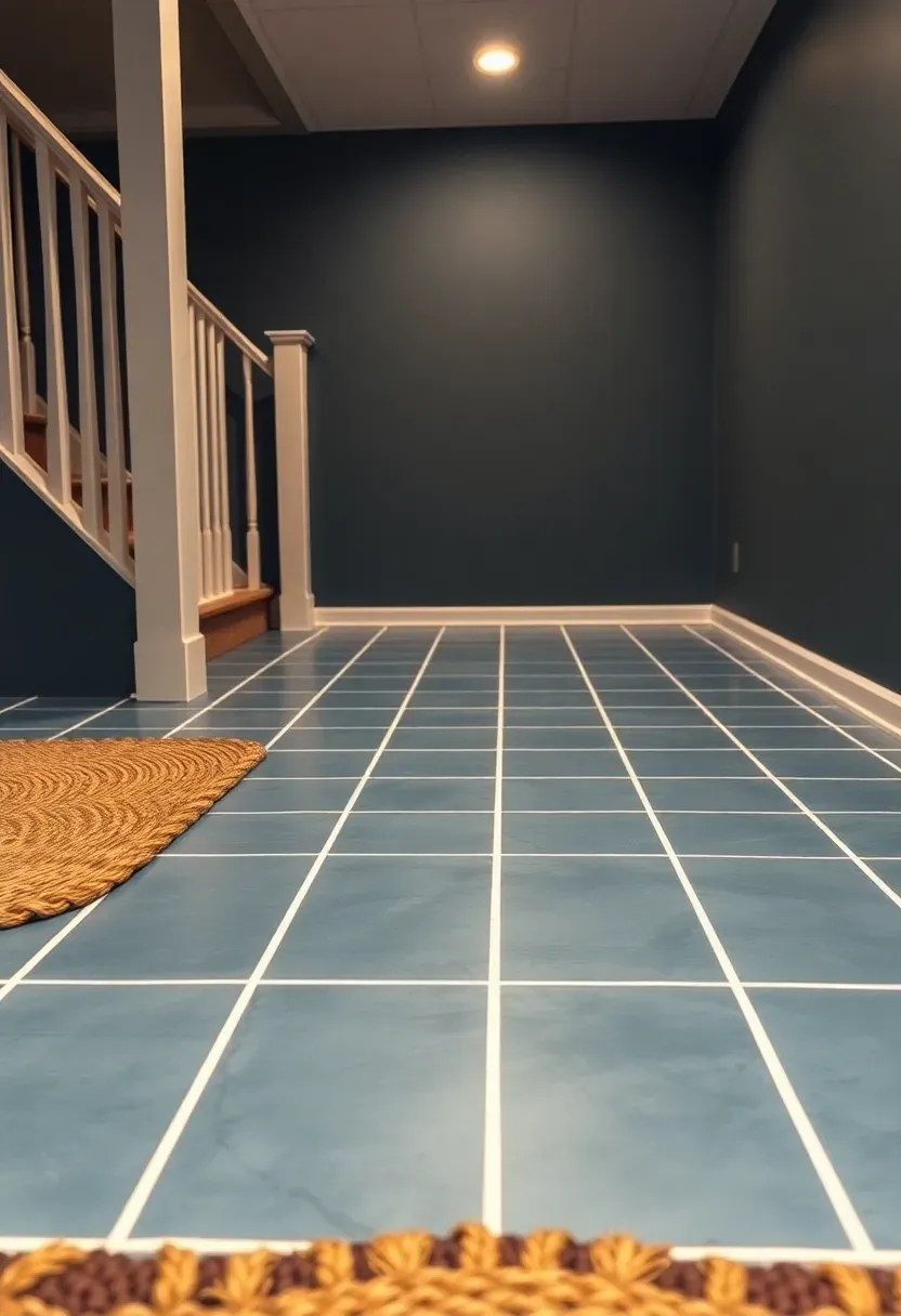 Basement floor with painted faux tile grid lines in white over a slate blue base creating the look of large format tiles