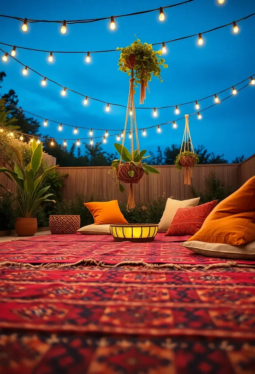 Bohemian outdoor gathering space at floor level with layered Moroccan rugs, oversized floor cushions, hanging macrame planters, and string lights draped overhead at dusk
