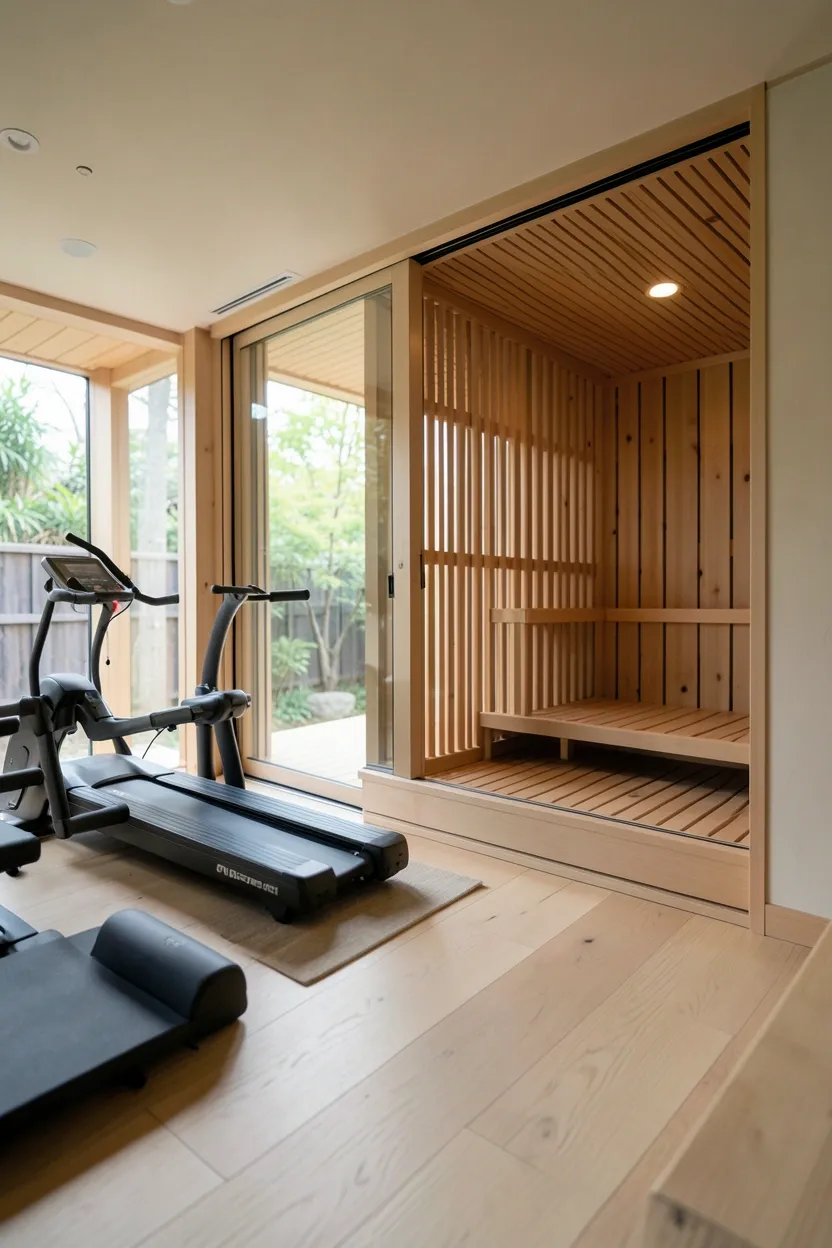 Japandi home gym with hinoki cypress sauna, wide-plank light oak floors, matte black and natural wood equipment, and minimalist ceramic accessories