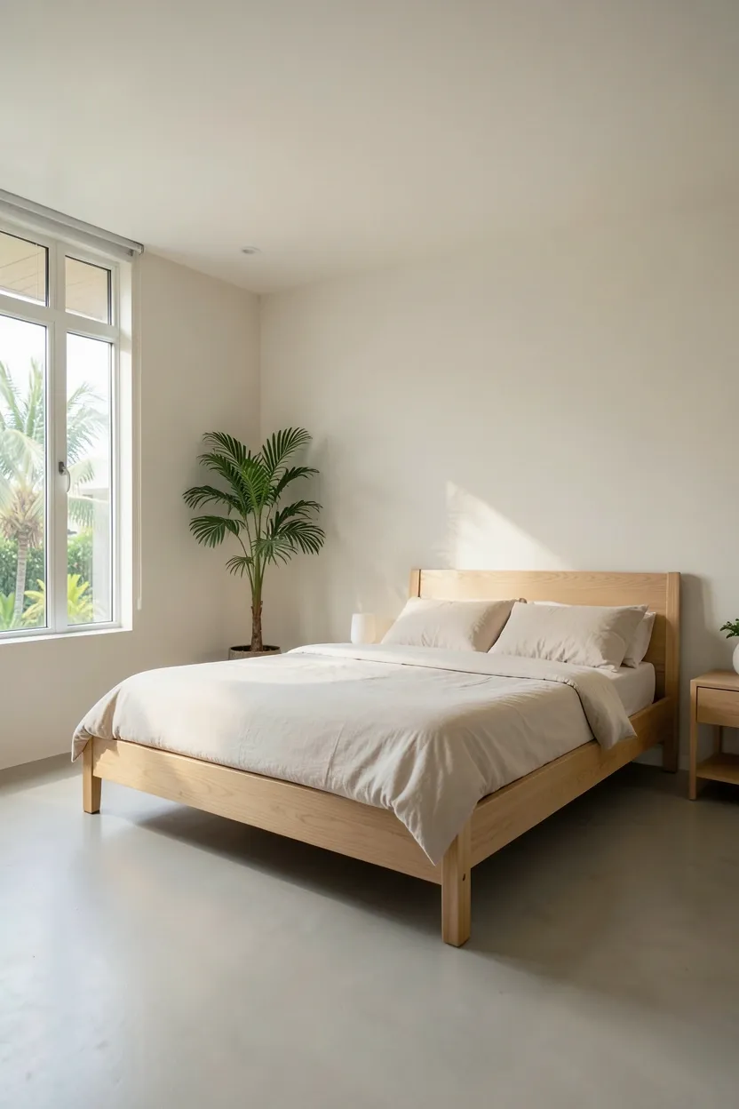 Open floor space and empty wall with single tropical plant in a serene Japandi bedroom