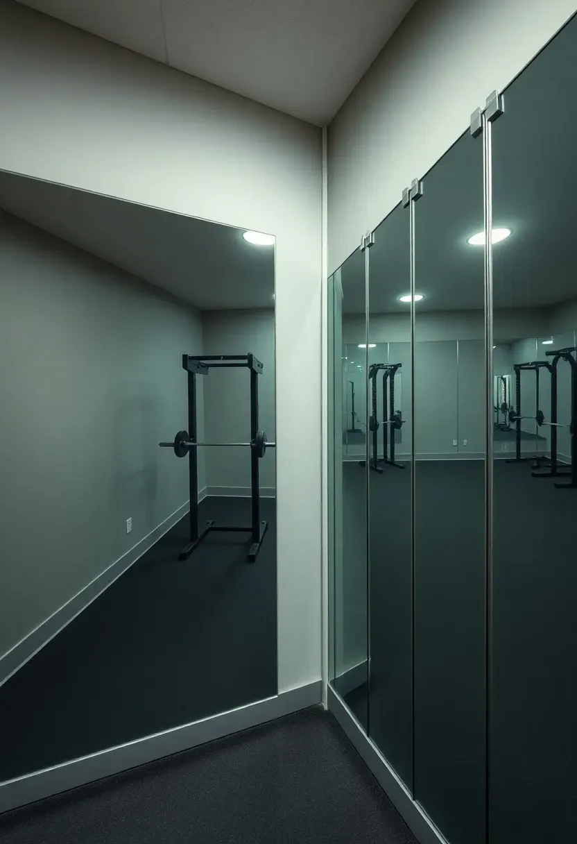 Full-length mirrors mounted edge to edge on a basement gym wall reflecting a weight rack and rubber floor
