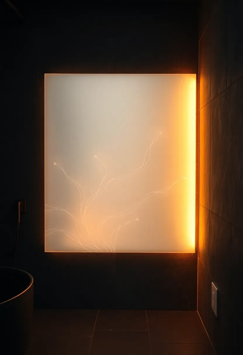 Frosted white acrylic panel with abstract art design illuminated from behind by warm LED lighting in a dark bathroom