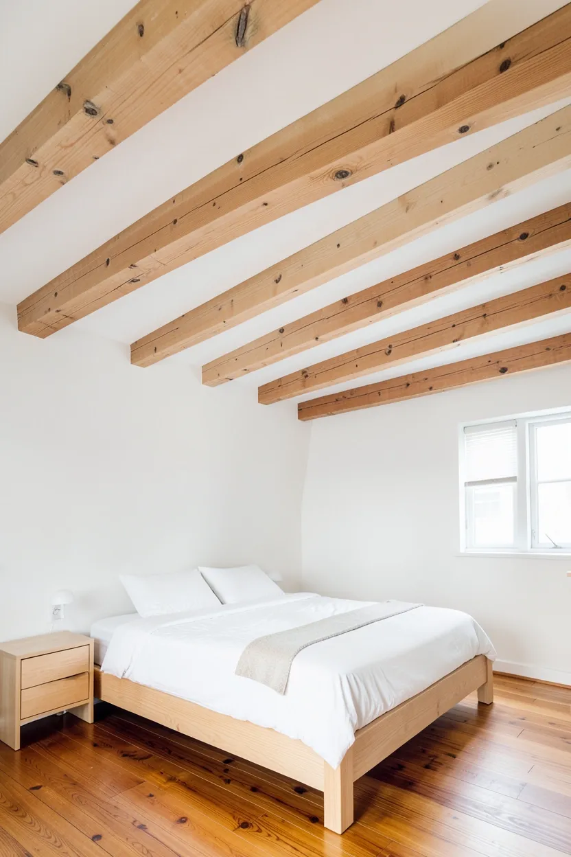Exposed natural wood ceiling beams in a white Scandinavian rustic bedroom adding warmth and architectural character to a light airy space