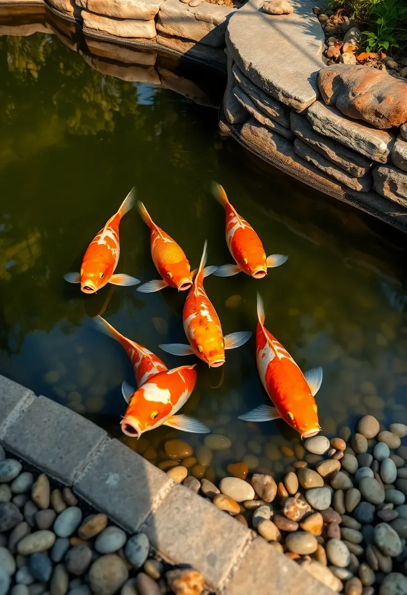 Koi pond with a wide shallow shelf along one edge where koi gather near the surface at feeding time