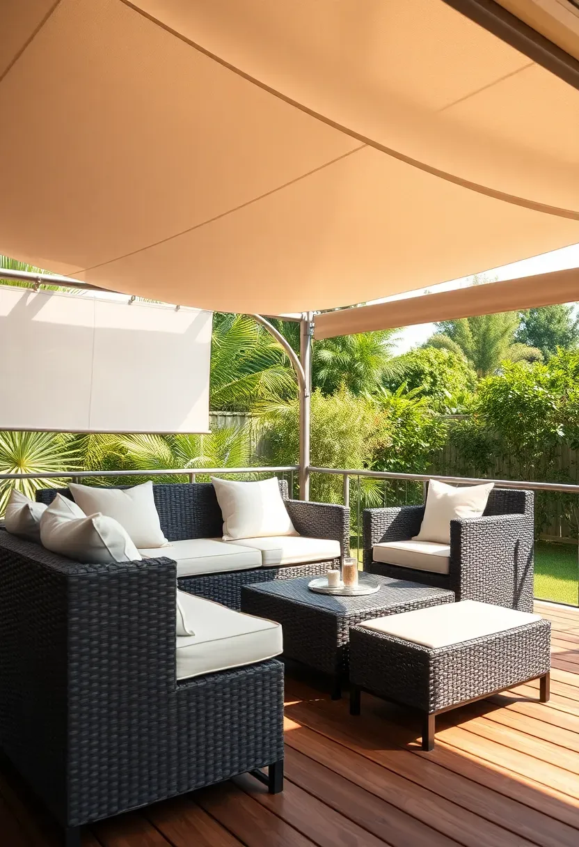 A large outdoor sofa with a retractable fabric canopy on a wooden deck overlooking a backyard garden at afternoon