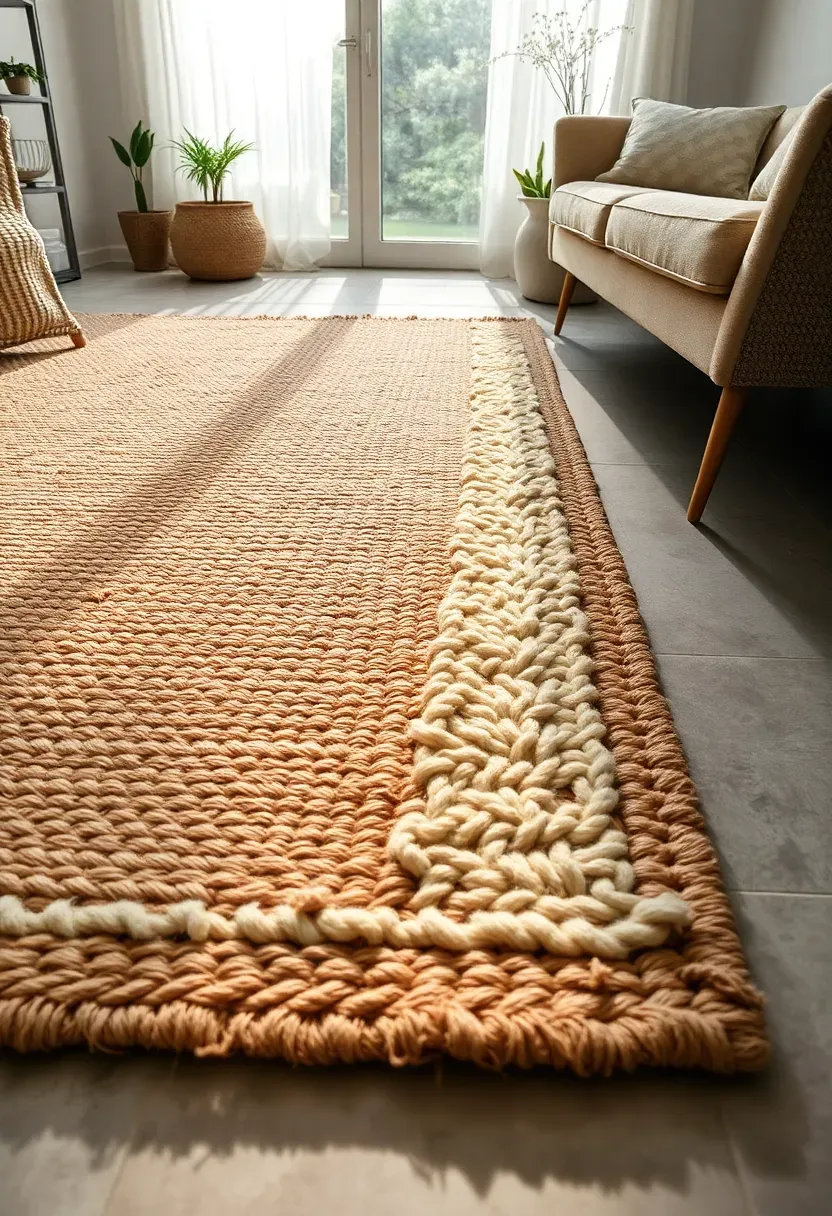 Layered rug system in enclosed sunroom with large jute base rug and smaller patterned wool overlay, winter warmth and texture