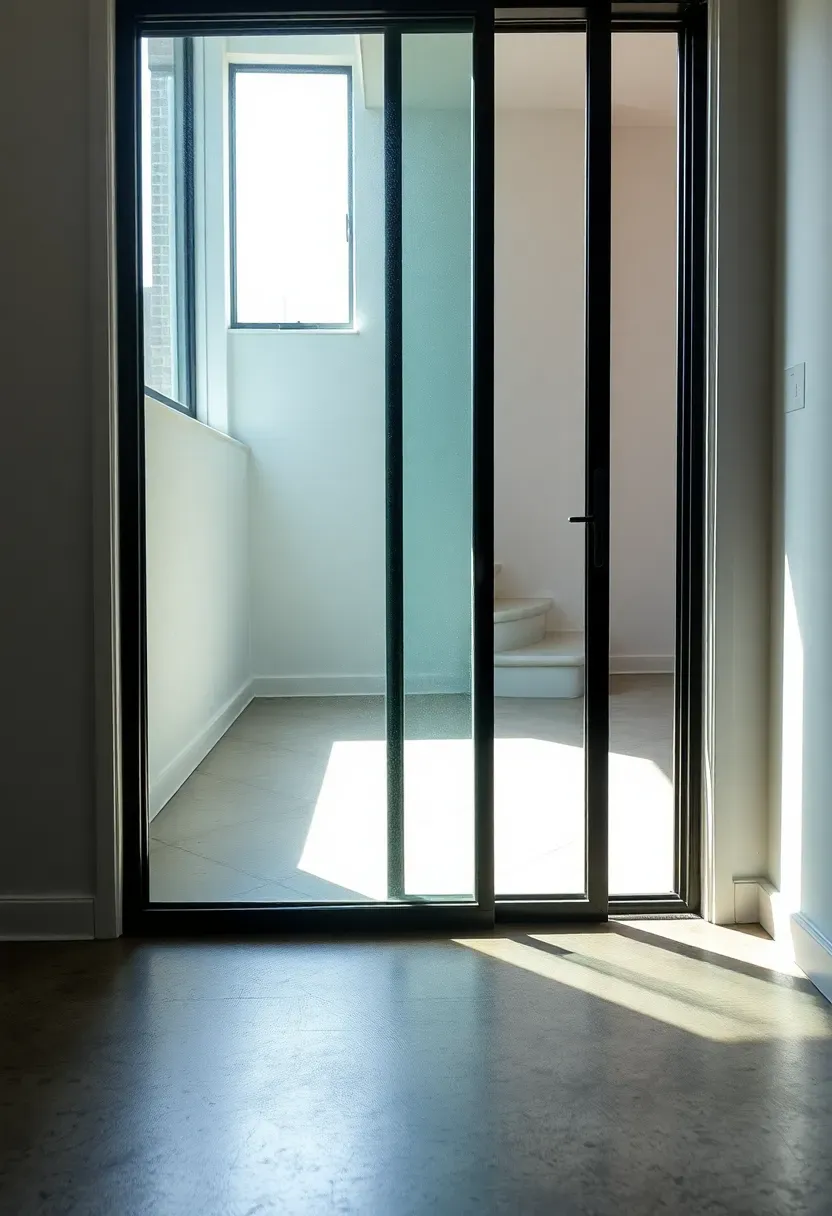 A single sliding glass panel door with a slim black aluminum frame at a basement entrance with polished concrete floor