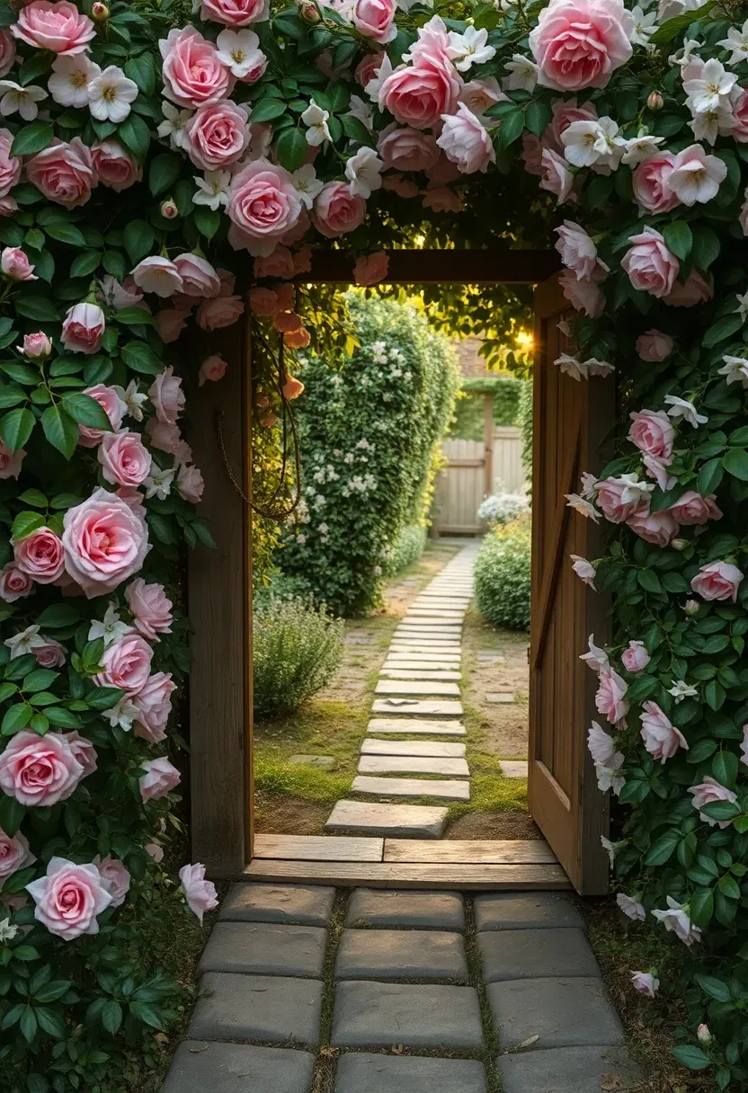 Garden gate covered in climbing roses and jasmine vines with green foliage nearly concealing the wood structure beneath