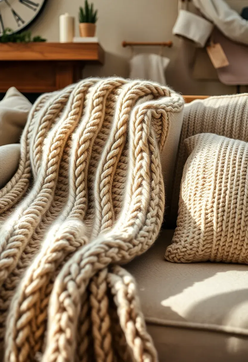Hyper-realistic close-up of chunky knit textures on living room sofa: oversized merino wool throw with large cable stitch casually draped over sofa arm, two chunky knit cushions in cream and light gray, knit stocking with wooden tag hanging from mantel edge visible in background. Materials: chunky merino wool, cotton knit blend, wood tag. Soft window light (4600K) creating detailed shadows on knit stitches showing texture depth, visible portion of sofa and beige wall background, tactile cozy mood like Kinfolk magazine, very shallow depth of field foreground knit details, macro-style composition showing fiber texture. No text logos watermarks.</p>