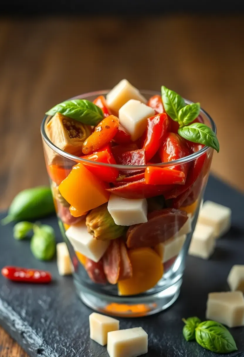 Antipasto garden charcuterie cup with assorted vegetables, meats and marinated items