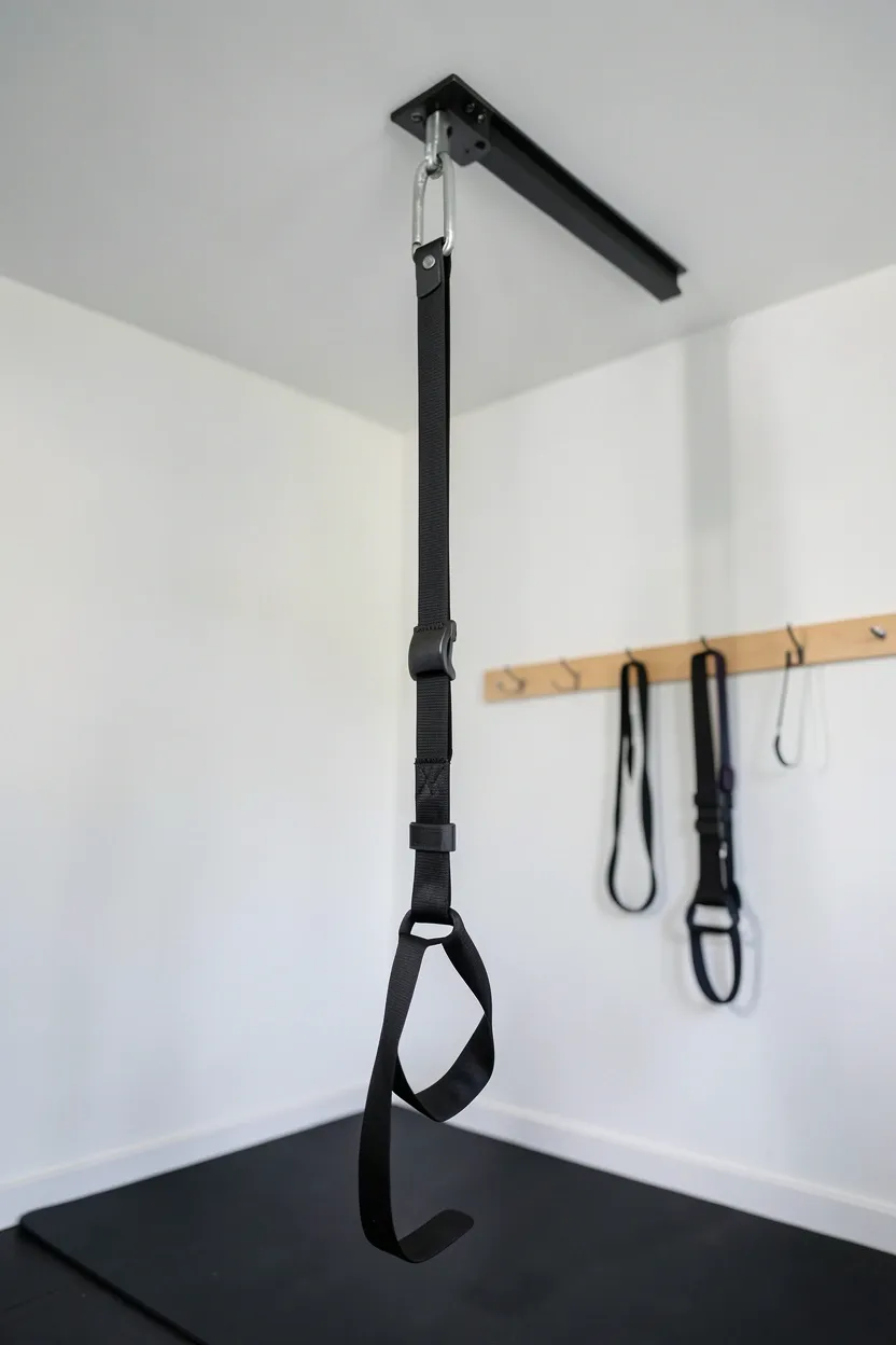 Ceiling-mounted suspension trainer system in a small room with zero floor footprint for space-saving home gym resistance training