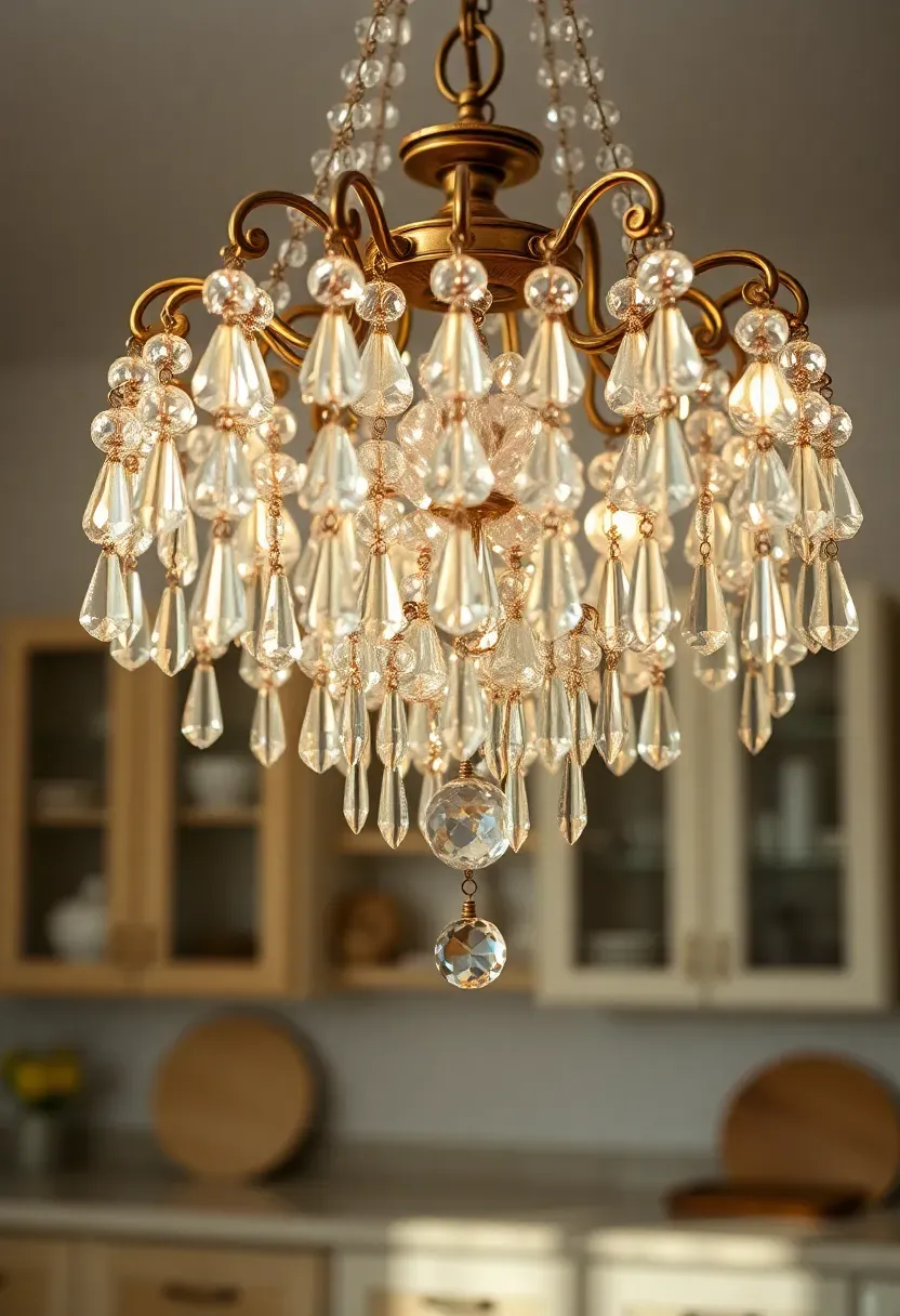 Tarnished brass crystal chandelier with warm Edison bulb glow hanging over a butcher block kitchen island in a cozy shabby chic cottage-style kitchen