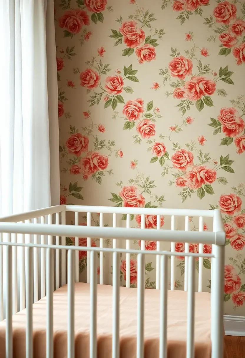 vintage floral wallpaper accent wall in baby nursery with soft pink roses and green leaves