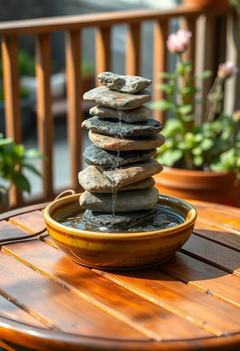Small tabletop cascade waterfall made of stacked natural stones on a patio side table with water trickling into a ceramic dish