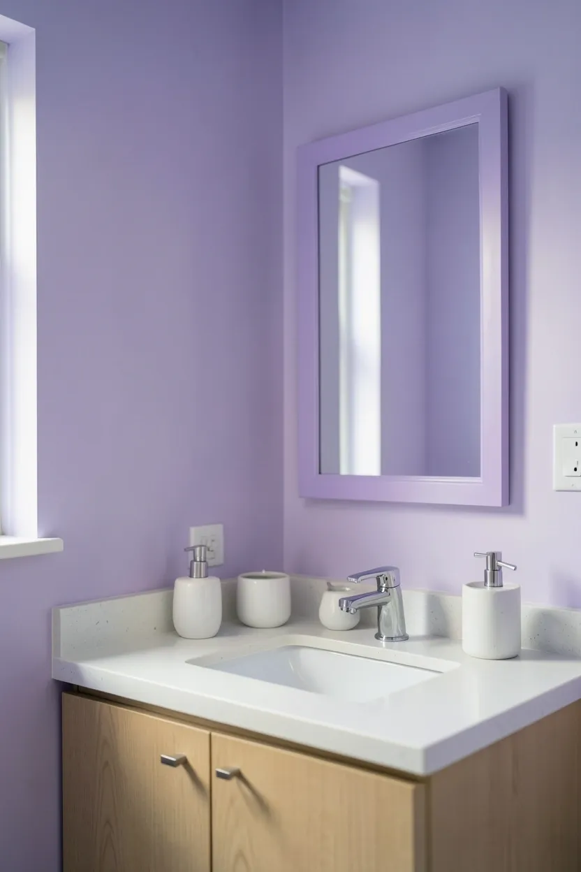 Toca Boca lavender bathroom with soft purple subway tiles, silver fixtures, and white orchids on a rental vanity