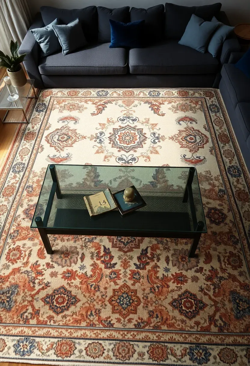 Hyper-realistic 3/4 view of living room with dark grey couch centered on large Persian-inspired rug with cream background and intricate navy, rust, grey patterns, solid color pillows, glass coffee table. Materials: charcoal fabric, wool rug with intricate patterns, tempered glass, navy velvet pillows. Natural light with soft shadows highlighting rug pattern depth. Patterned rug mood like eclectic curated home. Shallow depth of field, extreme close detail on rug pattern. No text, no logos, no watermarks.</p>