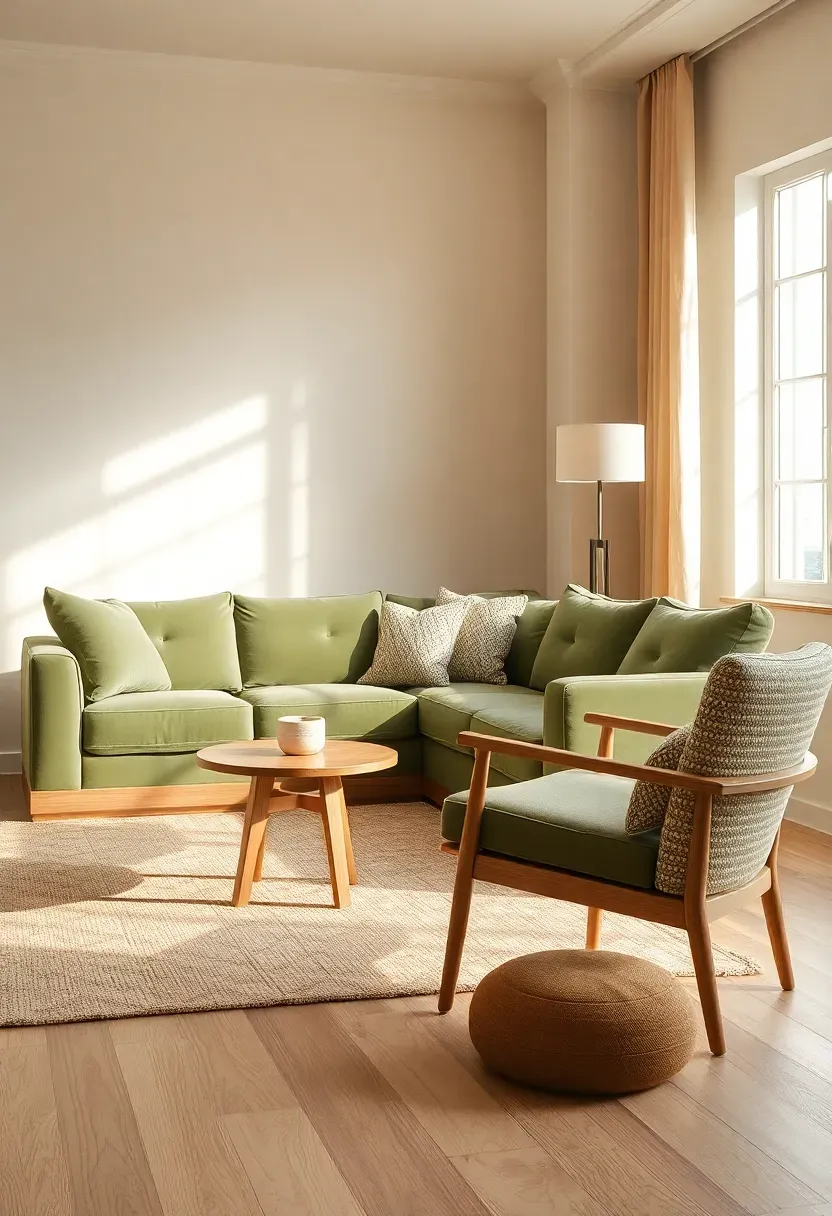 Daylight corner with green couch and boucle chair