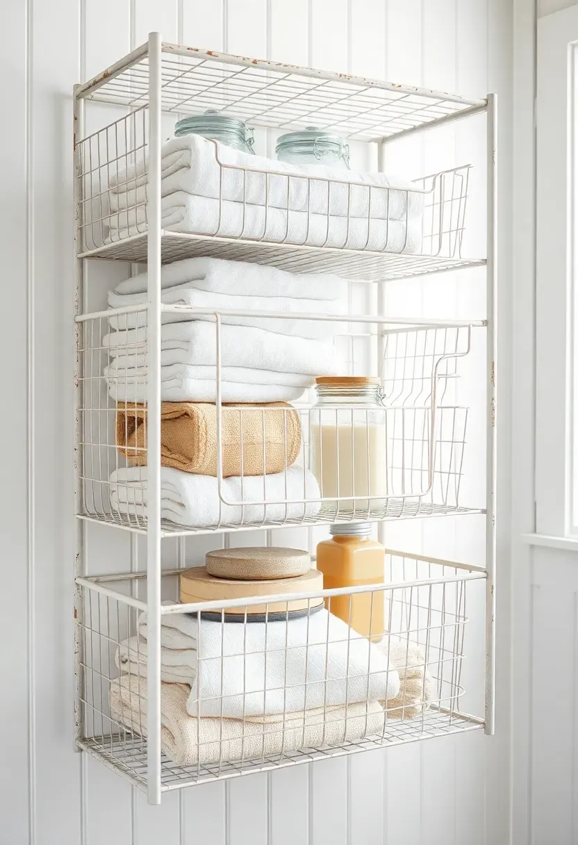 Industrial open wire basket shelving unit with distressed white metal frame holding folded linens and glass jars