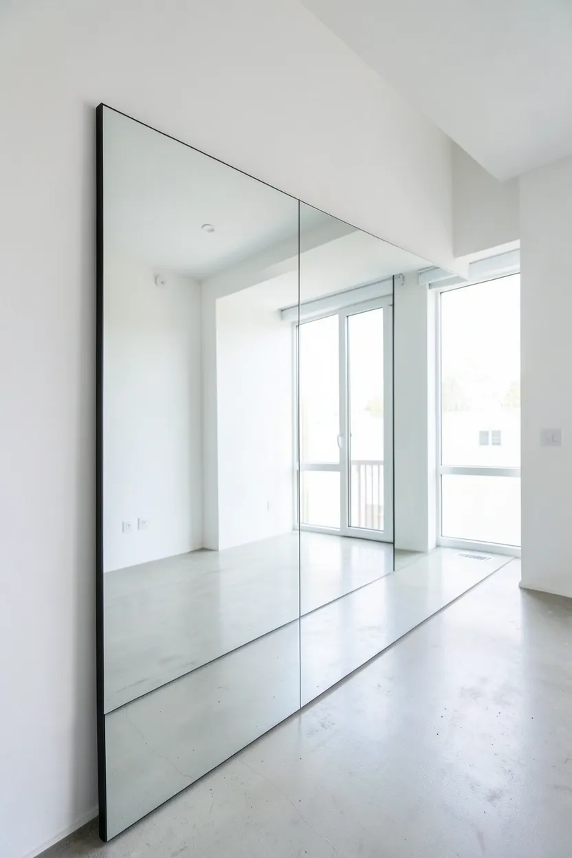 Large frameless floor mirror leaning against white wall in a tiny Nordic rental apartment, reflecting natural light