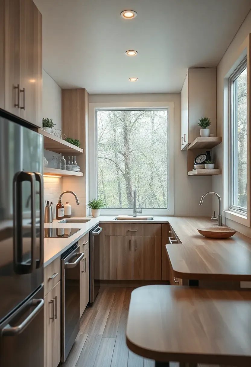 Hyper-realistic interior view of a tiny house kitchen showing smart space optimization. Features include compact under-counter refrigerator, induction cooktop, pull-out pantry storage, floating shelves, and folding dining table. Materials: light wood cabinetry, quartz countertop, subway tile backsplash, stainless steel appliances. Bright natural light from large window, warm LED under-cabinet lighting. Clean organized modern aesthetic, no text or watermarks.</p>