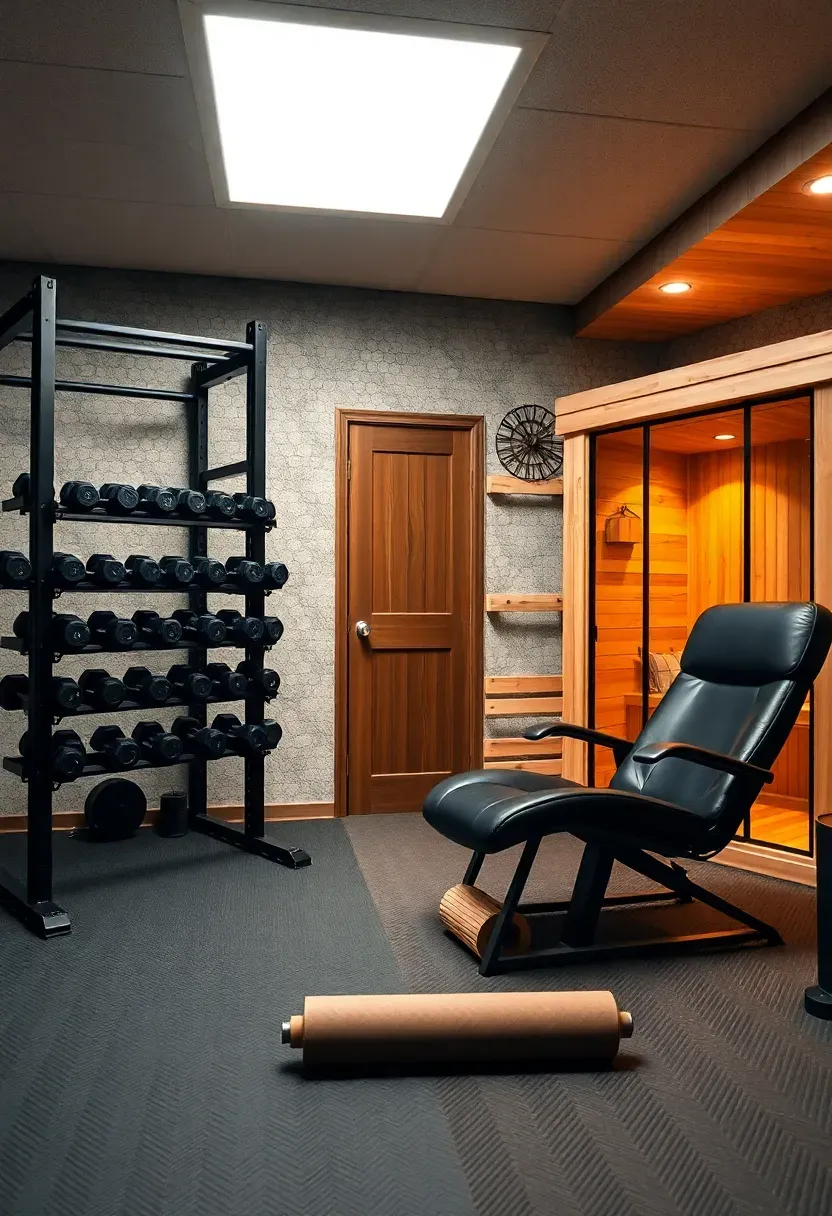 Home gym and recovery zone in a basement with free weights, power rack, rubber flooring, recovery massage chair, infrared sauna in the corner, and motivational wall graphics