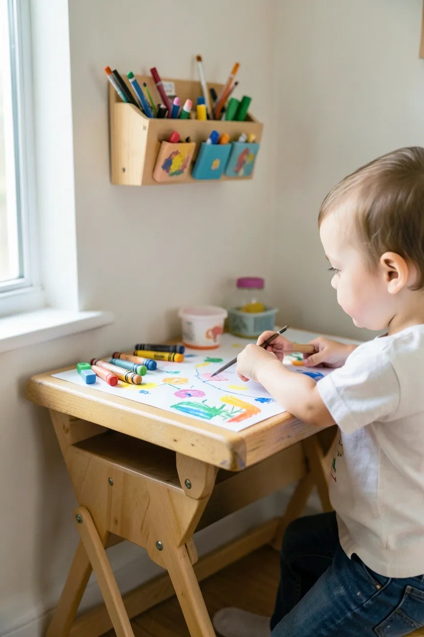 Wall-mounted fold-down art table at toddler height in a tiny house corner with raised lip edge and wall-mounted art supply organizer above