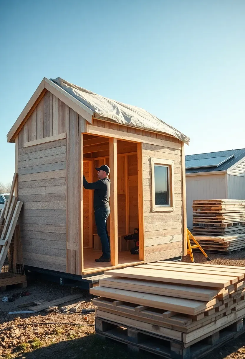 Hyper-realistic 3/4 view of tiny house construction site showing builder installing interior finishing while house shell is complete, visible tools and materials organized on pallets nearby, protective tarps on roof. Materials: partially finished tiny house with sheathing visible, some interior paneling installed, framing visible through unfinished sections, lumber stacked neatly, tool organizers with power tools. Natural daylight showing construction progress, morning light creating optimistic building atmosphere. Shallow depth of field focusing on builder installing interior paneling, construction materials and tools visible in background. Building progress and craftsmanship aesthetic. No text, no logos, no watermarks.</p>