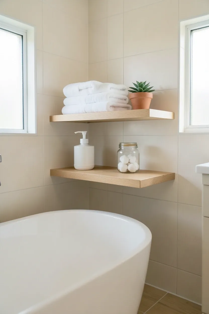 Hyper-realistic eye-level photograph of floating shelves in zen bathroom. Two rectangular floating wood shelves mounted on pale cream tile wall. Top shelf holds neatly stacked white towels and small potted succulent. Bottom shelf holds white ceramic soap dispenser and glass jar with cotton balls. White freestanding tub visible below shelves. Floor in light wood planks. Small frosted window. Soft natural morning light. Materials: light oak shelves, ceramic, white towels. Minimalist organized mood. Focus on shelf arrangement. No text, no logos, no watermarks.</p>