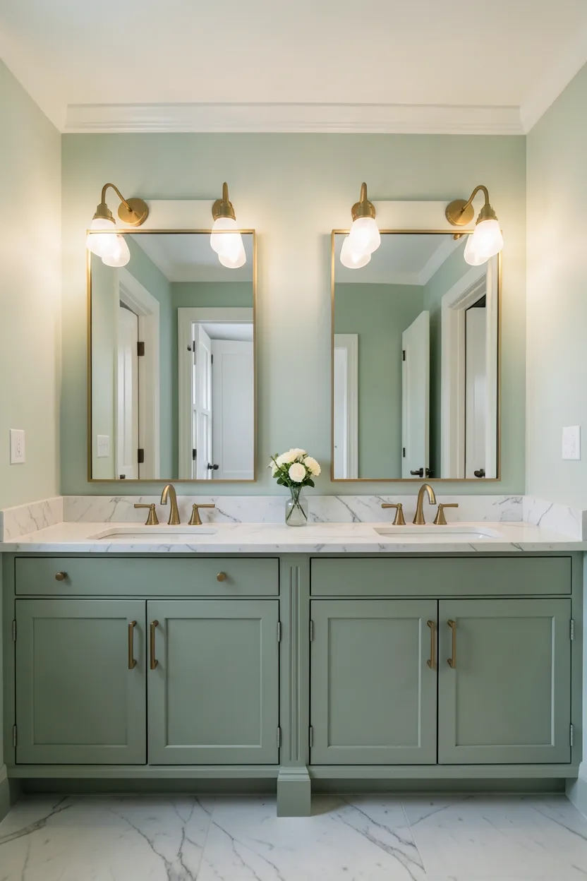 Sage green double vanity bathroom with white marble countertop, two brass-framed mirrors, and symmetrical wall sconces