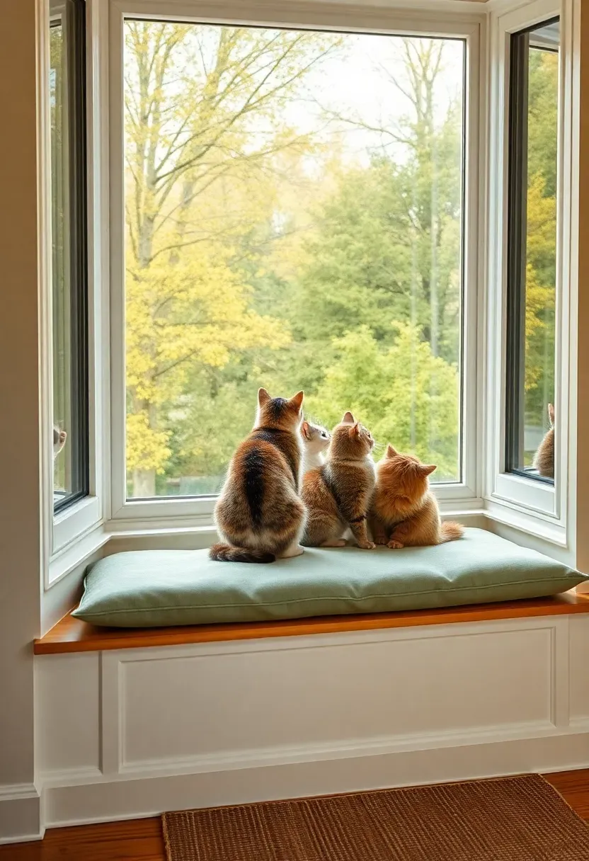 Wide bay window with full-width dusty sage velvet cat seat cushion, low raised perching platform beside it, sisal mat on sill, and two cats watching birds through glass