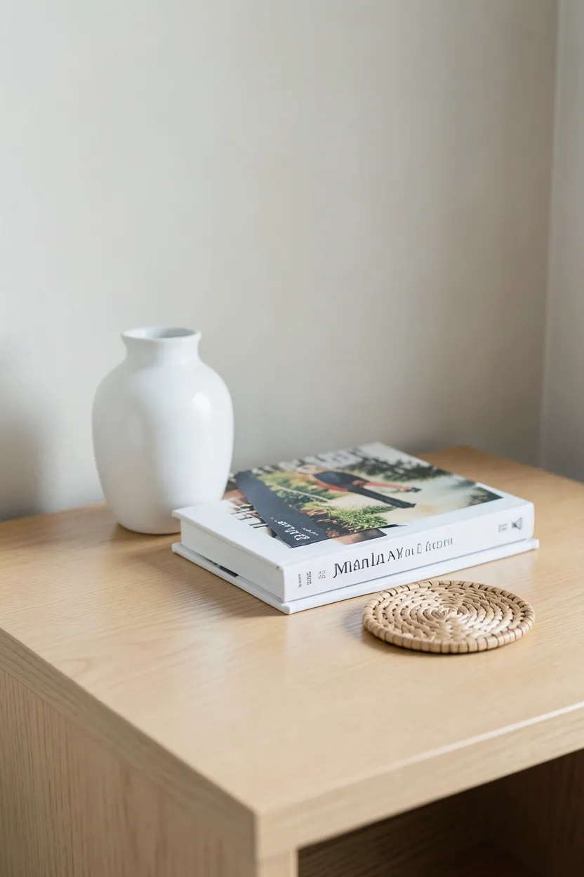 Uncluttered bamboo nightstand with single ceramic vase and one book in tropical Japandi bedroom