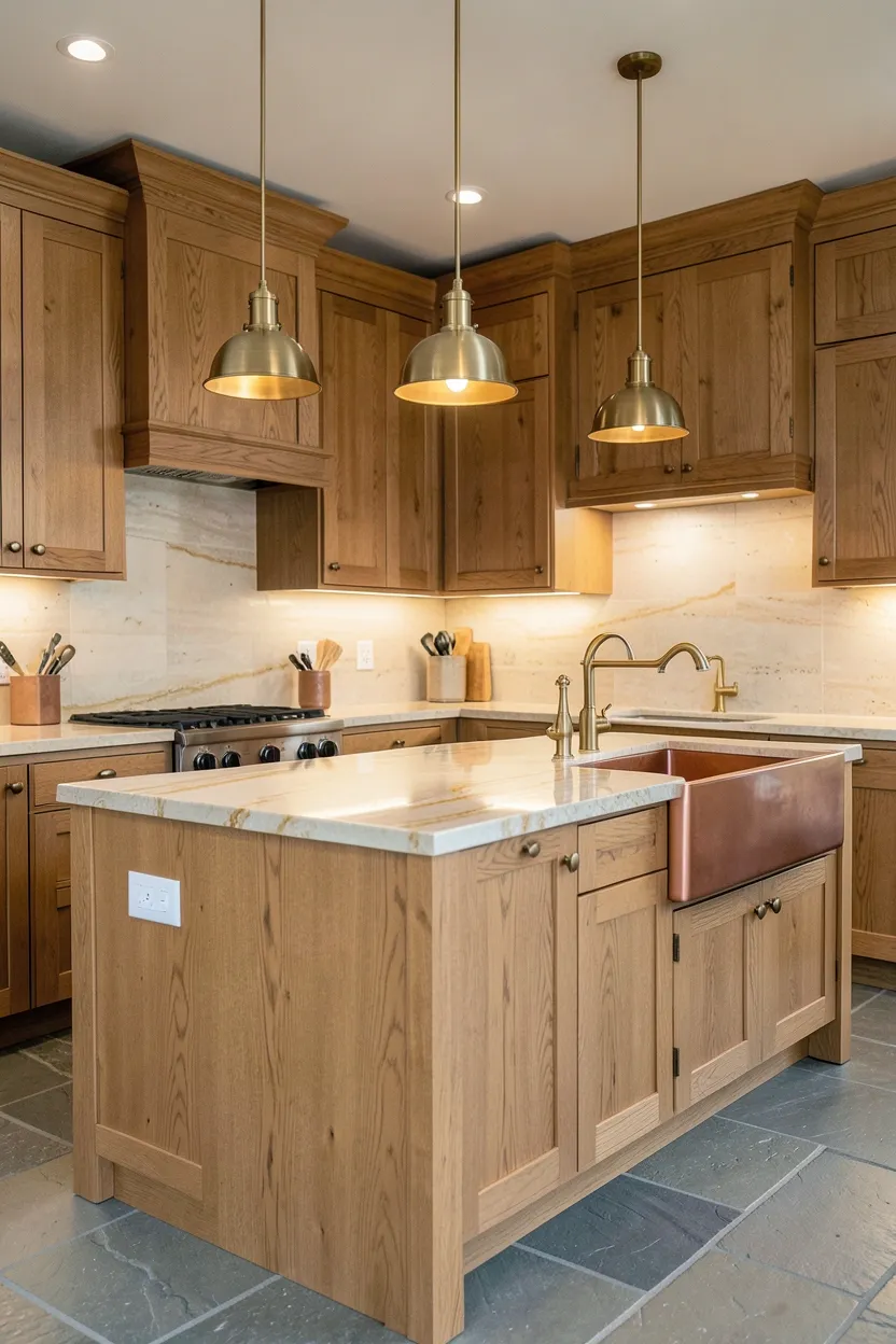 Hyper-realistic 3/4 view of a traditional fall kitchen with natural wood and stone materials. Warm walnut shaker cabinets with natural visible grain throughout the space. Large kitchen island in light oak features honed travertine countertop in warm cream and gold veining. Stone floor in warm gray slate. Honed limestone backsplash in cream. Warm brass fixtures throughout. Copper farmhouse sink creates warm metallic focal point. Soft warm ambient lighting from pendant lights over island. Visible natural wood grain and stone texture throughout. No text, no logos, no watermarks.</p>