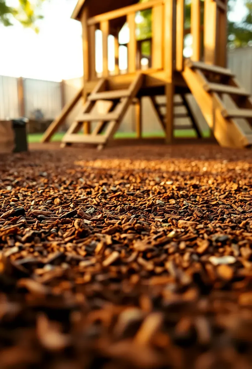 Close-up of a backyard play area with reddish-brown rubber mulch surfacing under a wooden playset, bordered by landscape timbers