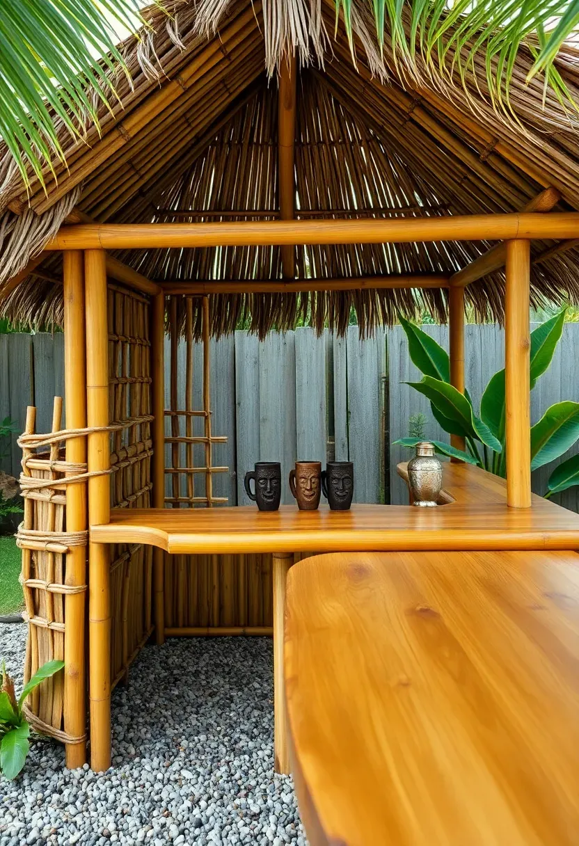 Classic freestanding bamboo tiki hut bar with woven bamboo walls and a thatched palm leaf roof in a lush tropical backyard