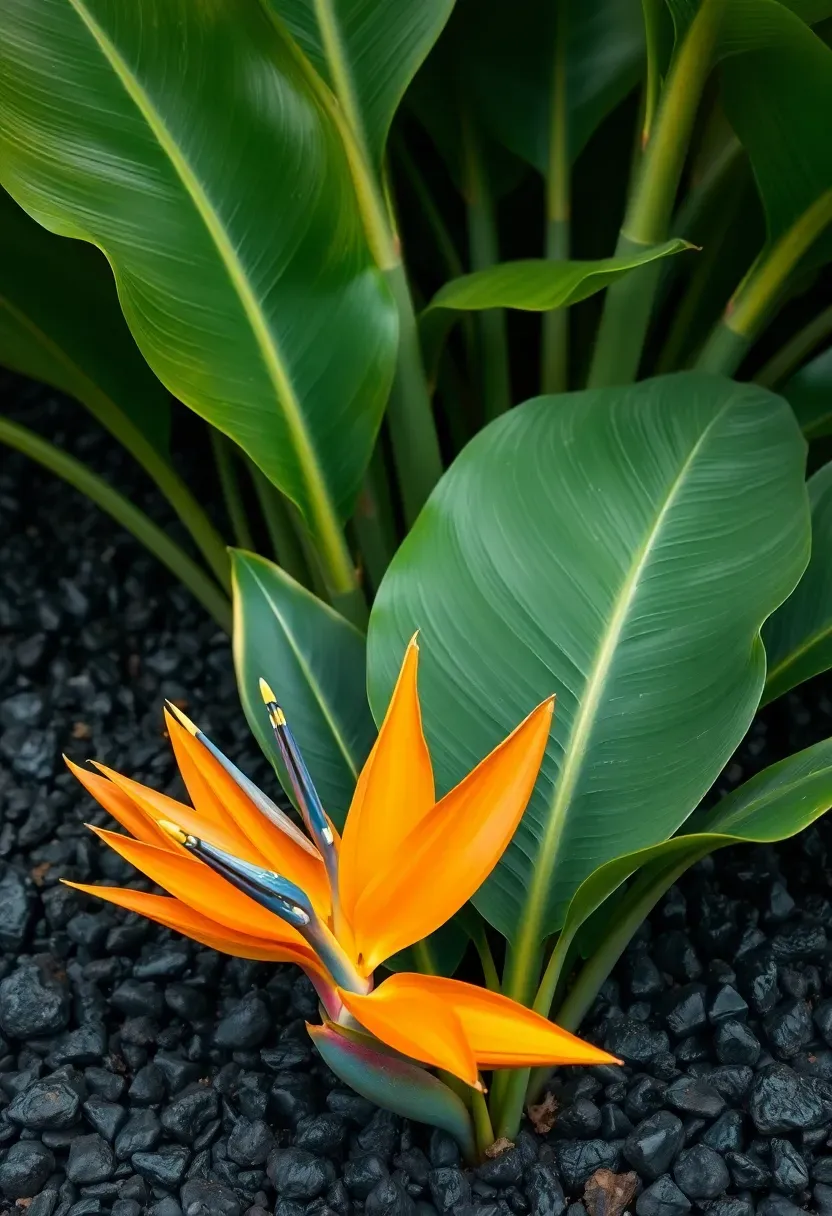 Tropical garden with dark lava rock beds, bird of paradise plants, elephant ears, and ornamental bananas creating a lush volcanic landscape feel