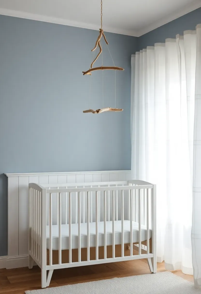 coastal nursery with soft blue walls white shiplap wainscoting and driftwood mobile