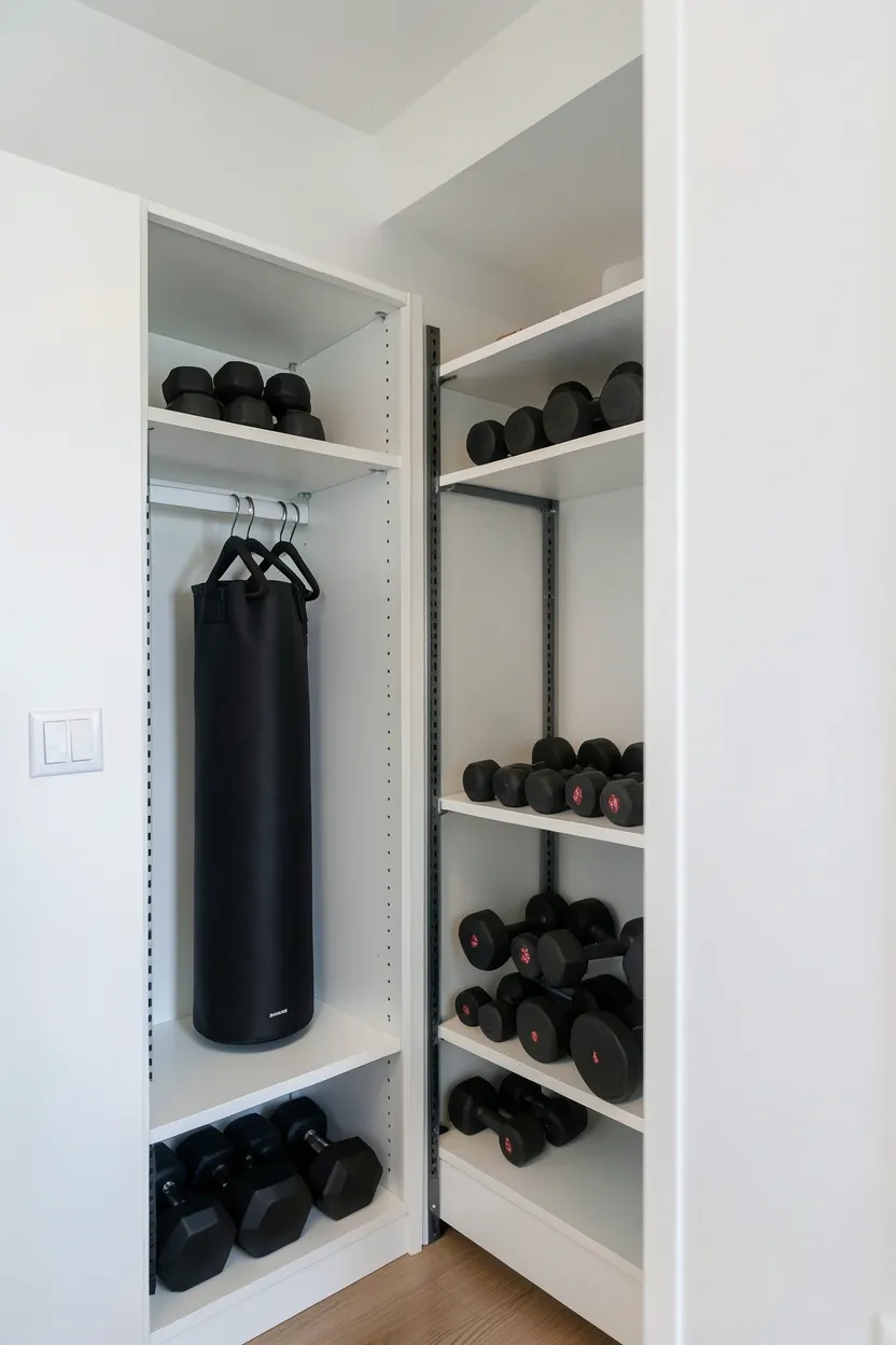 Closet converted into a hidden home gym zone with wall-mounted dumbbell racks, hanging organizers, and shelving — smart storage for renters