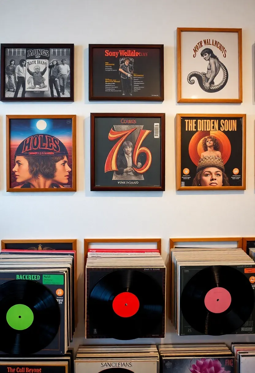 Vinyl record wall display in a teen bedroom with album cover art arranged on wooden ledges as music-inspired decor