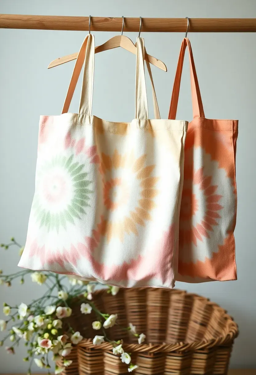 tie-dye spring tote bags in pastel spiral patterns hanging on a wooden clothes rack with flowers