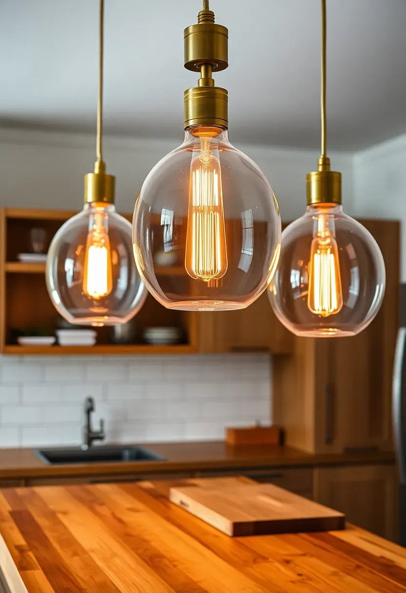 Three glass pendant lights hanging at staggered heights over a basement apartment kitchen counter with warm Edison-style bulbs