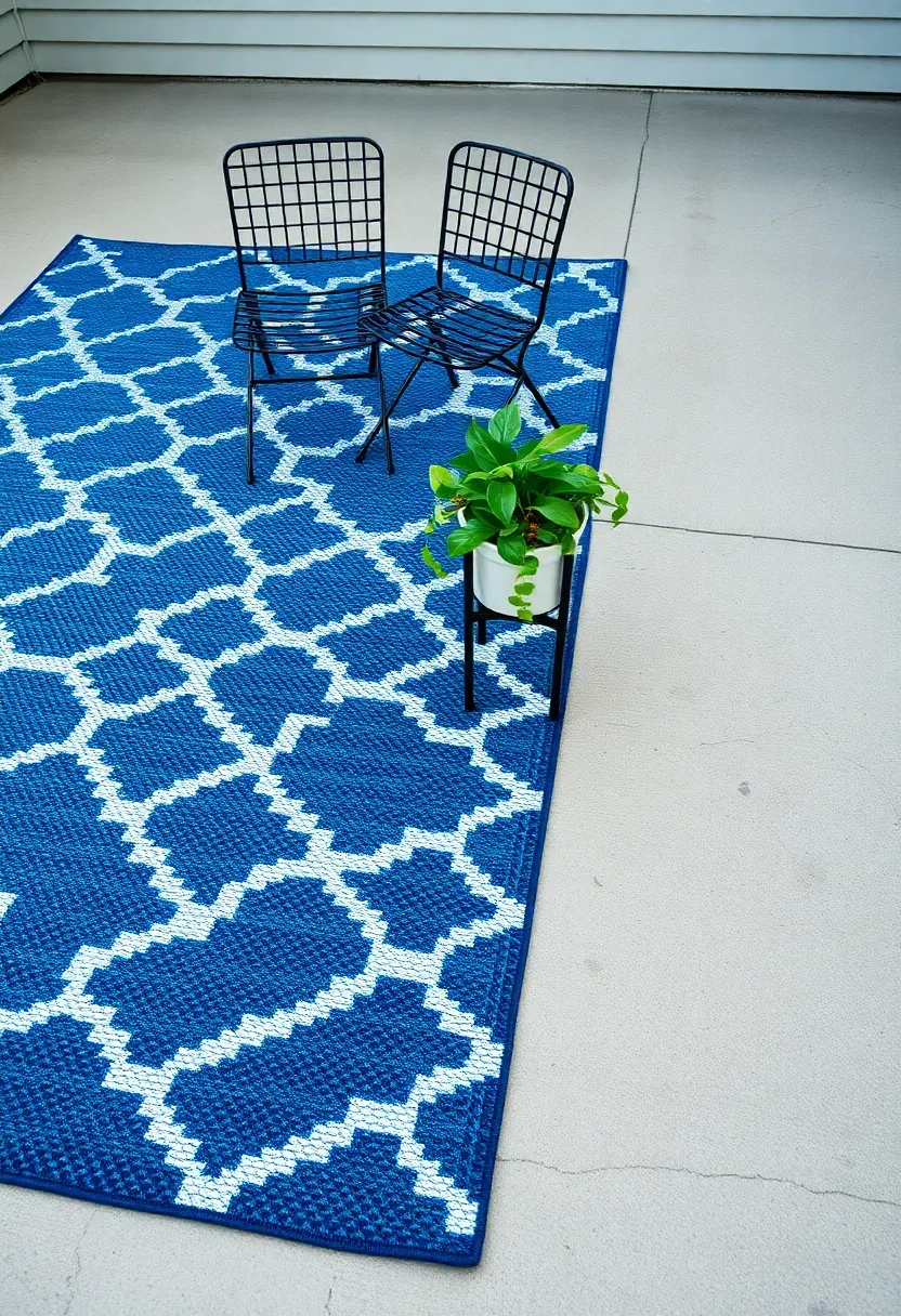 A large patterned outdoor rug in navy blue and white geometric print laid on a plain concrete patio slab with two chairs and a small metal plant stand on top