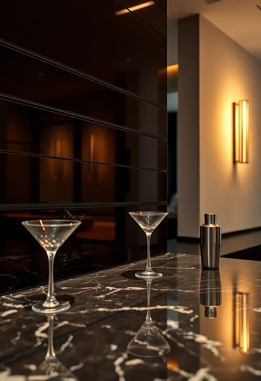 smoked mirror strip backsplash behind a modern bar with dark marble countertop and ambient lighting