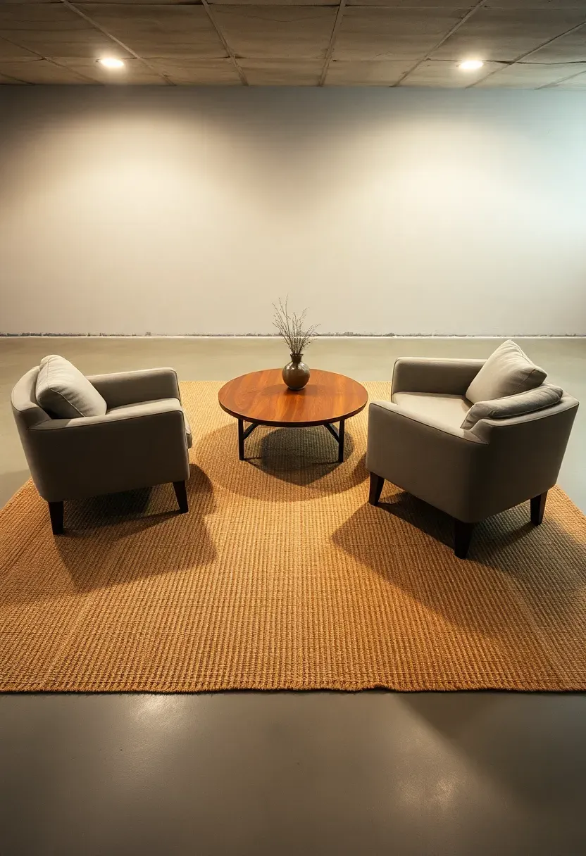 Large jute and wool area rug covering most of a basement floor with a coffee table and armchairs arranged on top