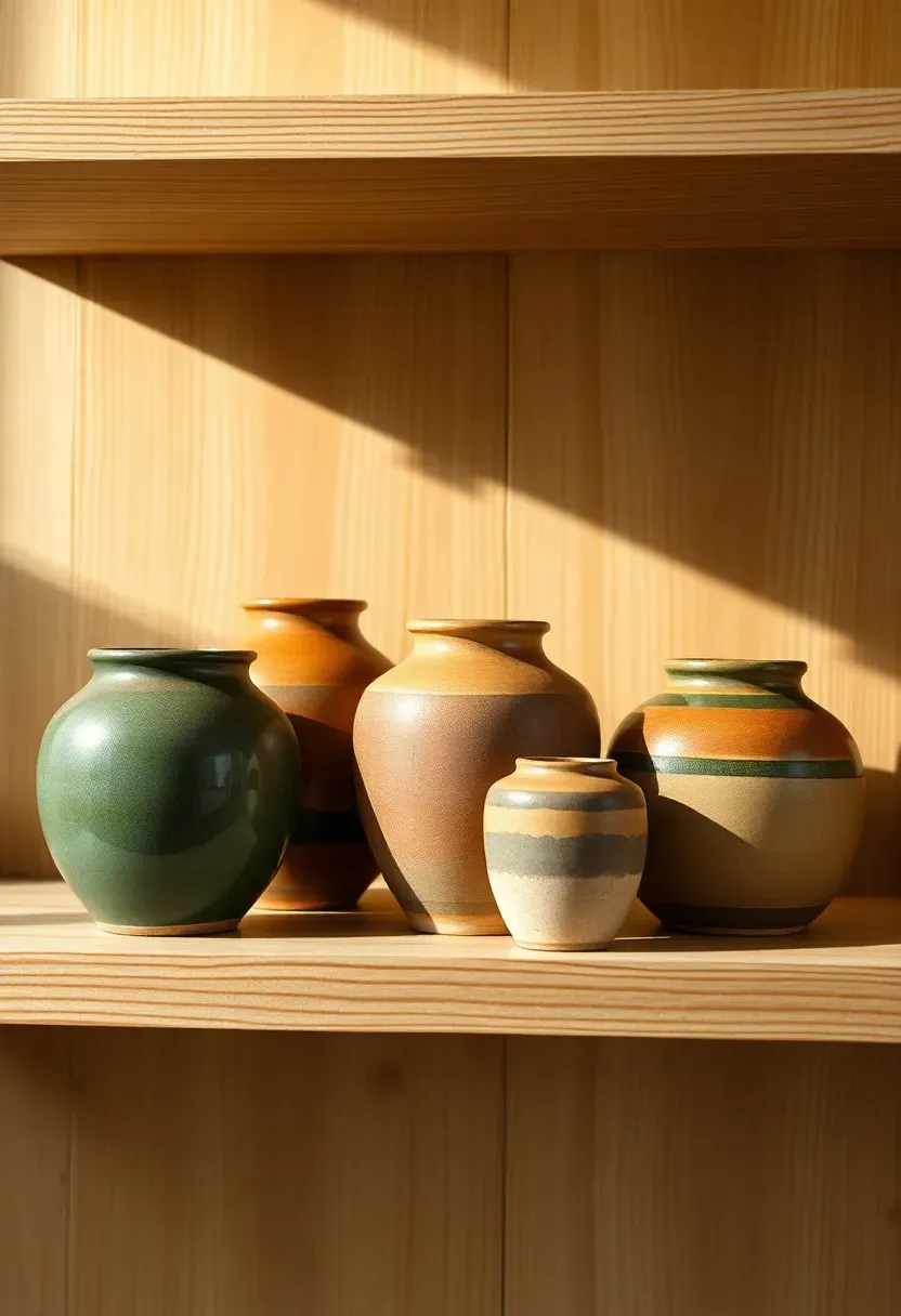 Collection of handcrafted ceramic pottery in matte green and brown glazes displayed on an oak shelf