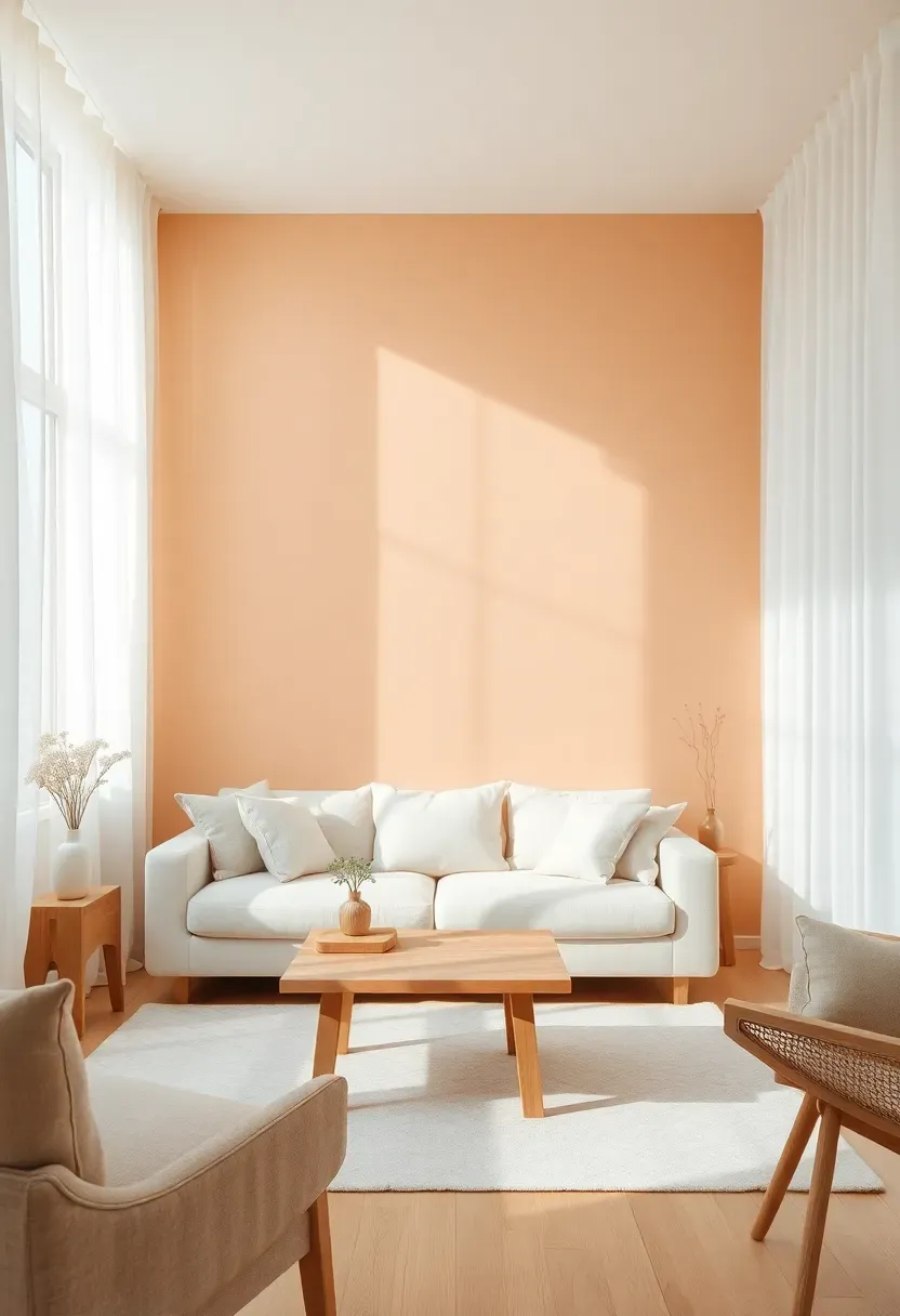 Hyper-realistic 3/4 view of a minimalist living room with soft apricot walls, white sofa, light wood coffee table, sheer curtains. Materials: matte apricot paint, white linen, ash wood, white sheer fabric. Warm diffused light, glowing apricot shadows. Shallow depth of field, warm minimalist composition. No text, no logos, no watermarks.</p>