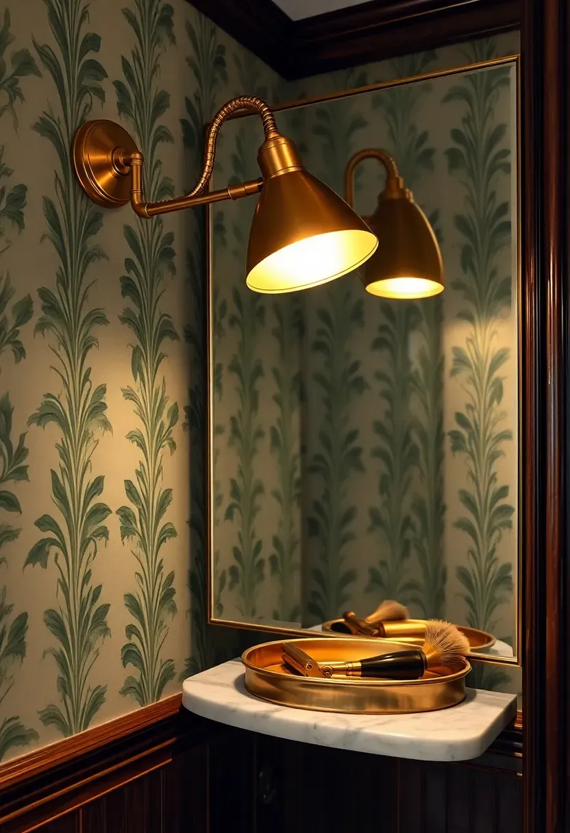 Articulated brass task light with cone shade clamped to the side of a bathroom mirror in a vintage-styled room