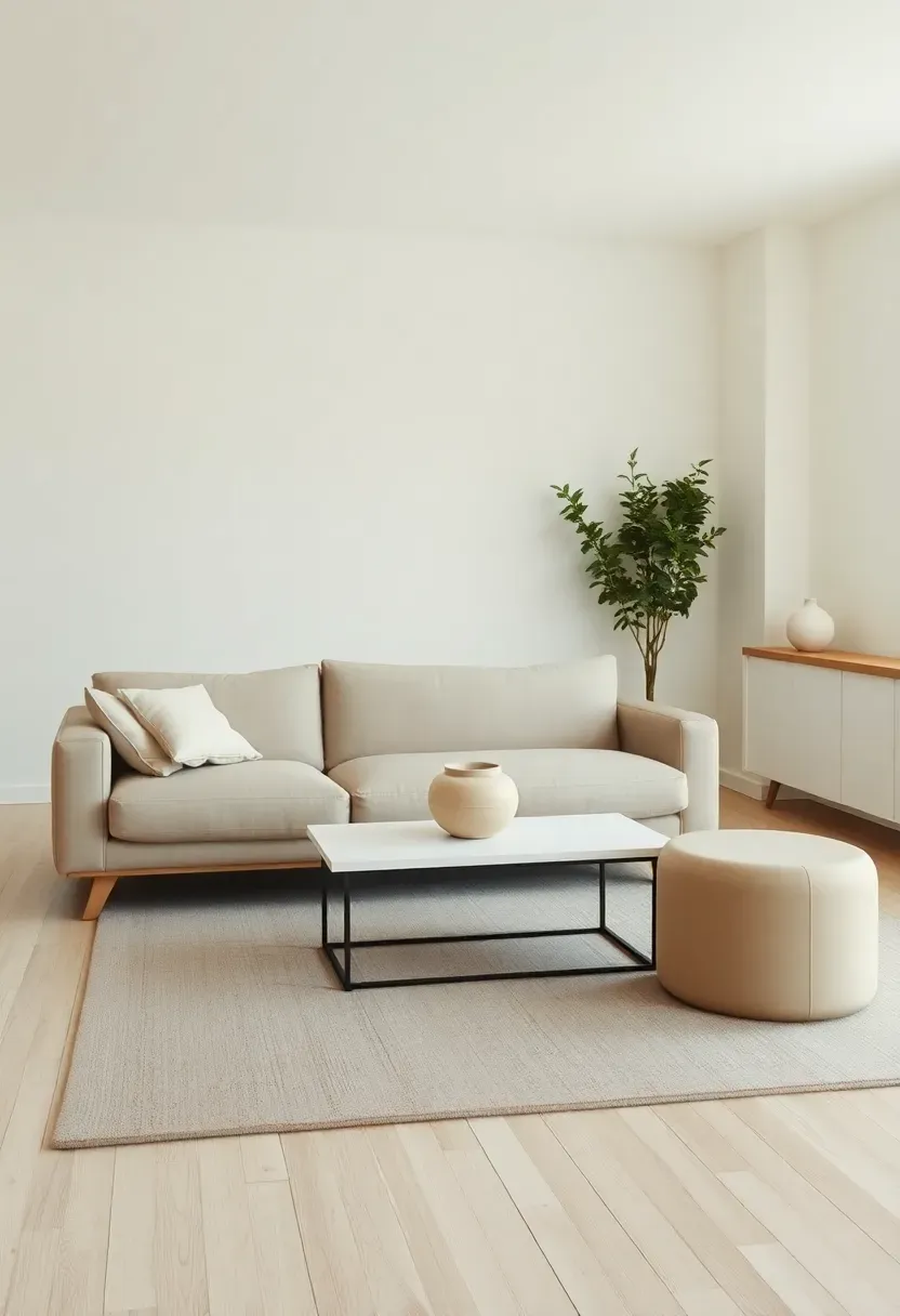 Hyper-realistic 3/4 view of a minimalist living room with cleared surfaces, low sofa, simple coffee table with single object, blank console. Materials: white oak floor, linen upholstery, matte ceramic, wool rug. Warm diffused window light, creamy neutrals with soft taupe accents. Mood: orderly, calm, spacious. Shallow depth of field, sharp details on products, balanced composition, soft shadows, visible room context. No text, no logos, no watermarks.</p>