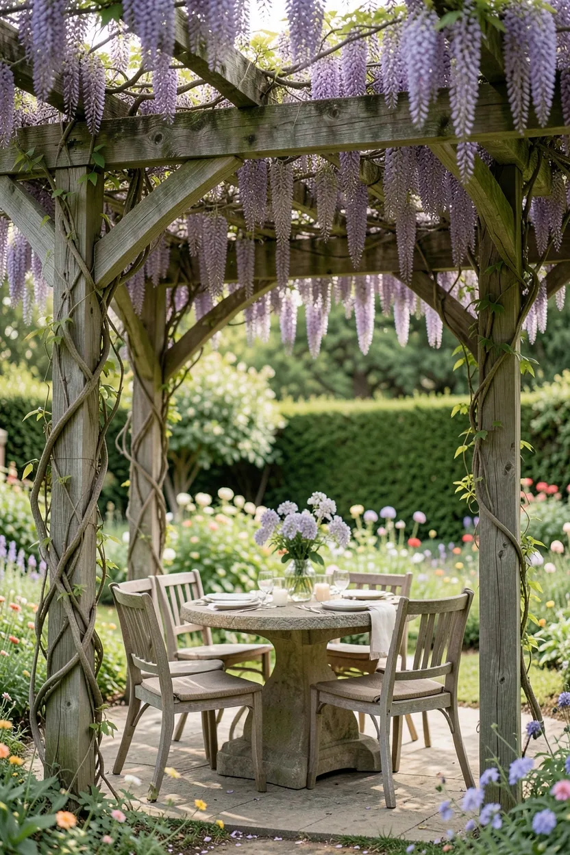 Cedar Pergola with Climbing Plants